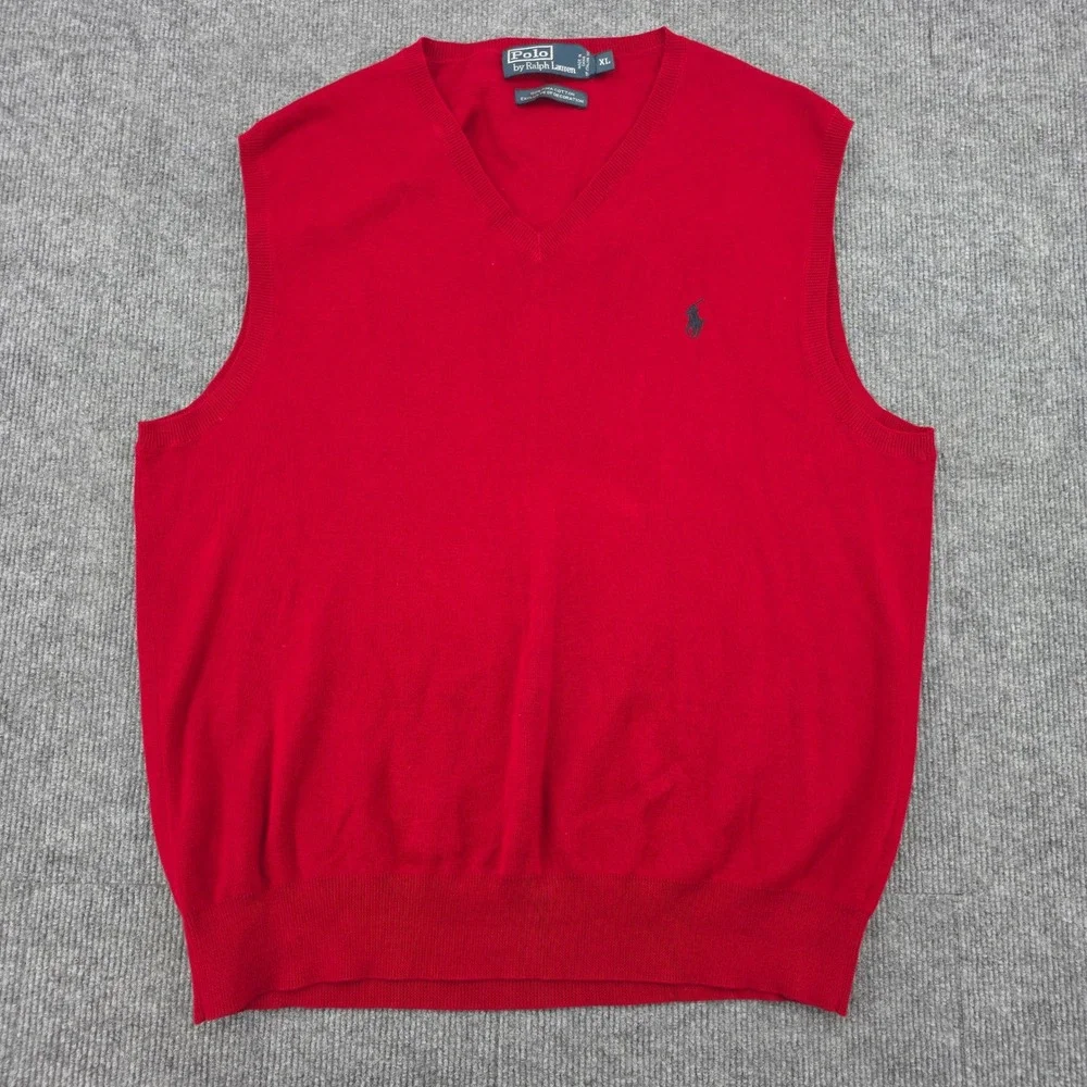 Polo Ralph Lauren Red Pima Cotton V-Neck Sweater Vest XL Blue Pony Logo